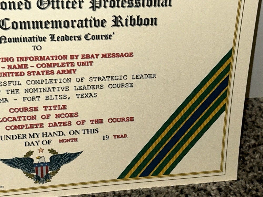 NCO PROFESSIONAL DEVELOPMENT LV-6 COMMEMORATIVE CERTIFICATE ~ W/PRINTING TYPE-1