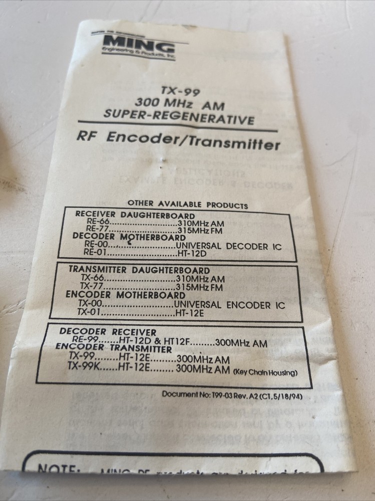 Ming Engineering TX-99 v3.0 300MHz AM RF Encoder Transmitter - NOS #K