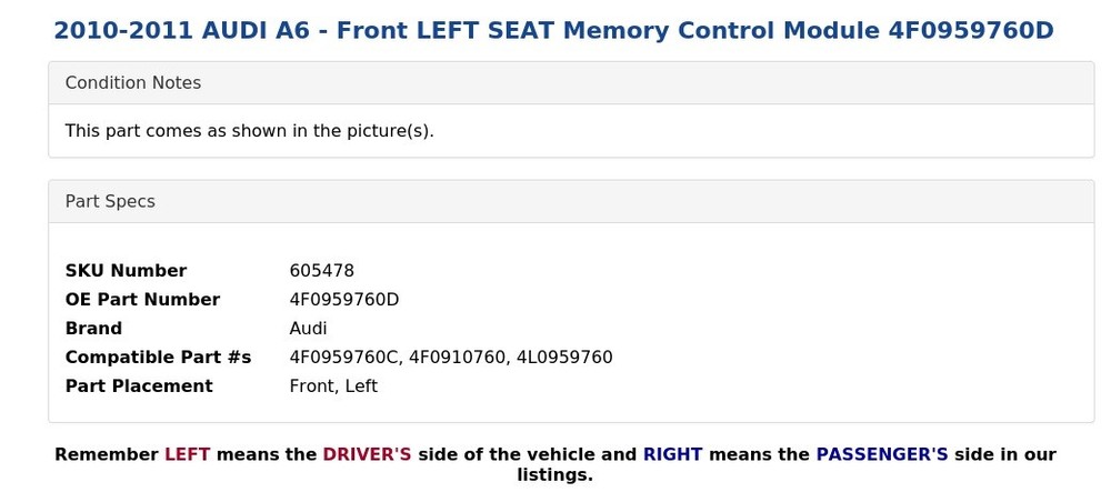 2010-2011 AUDI A6 - Front LEFT SEAT Memory Control Module 4F0959760D
