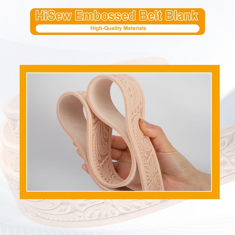 Leather Strap Blank for Belt Crafting, Cowhide, Pre-Embossed Patterns, Pre-Be...