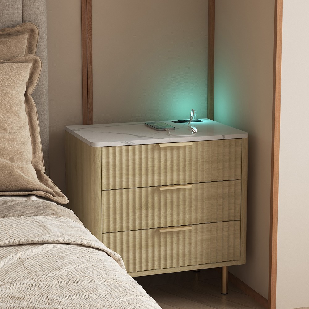 Modern Nightstand Bedside Table Side End Table w/Storage Cabinet & Night Light