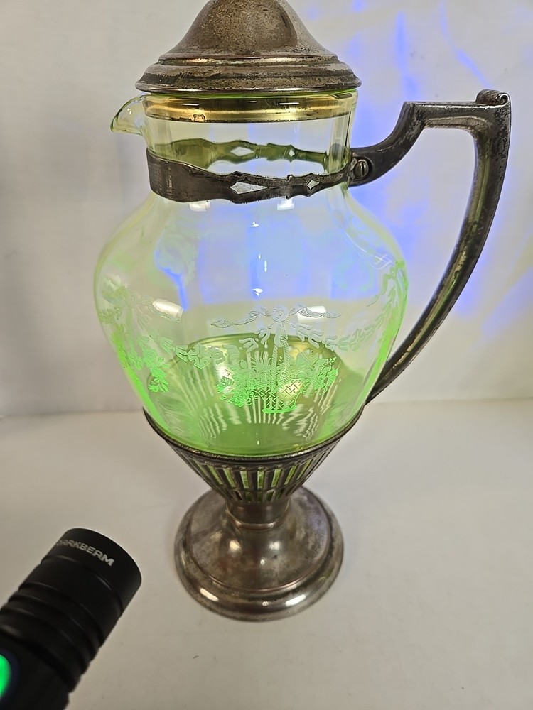 Cresent Silver MFG Triple Plate Silver & Uranium Etched Basket Glass Pitcher
