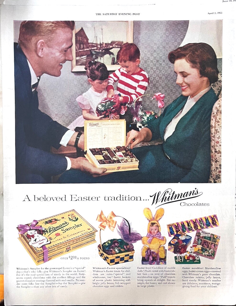 1955 magazine ad for Whitman Chocolates - Easter tradition, sampler, plush bunny