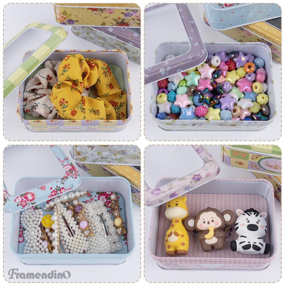 Framendino, 6 Pack Metal Rectangular Tin Boxes Containers Floral Tinplate Org...