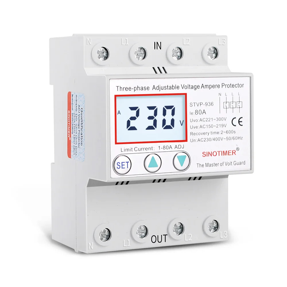 3Phase Voltage Protector Relay 380V 80A DIN Rail LCD Display Surge Limit Current
