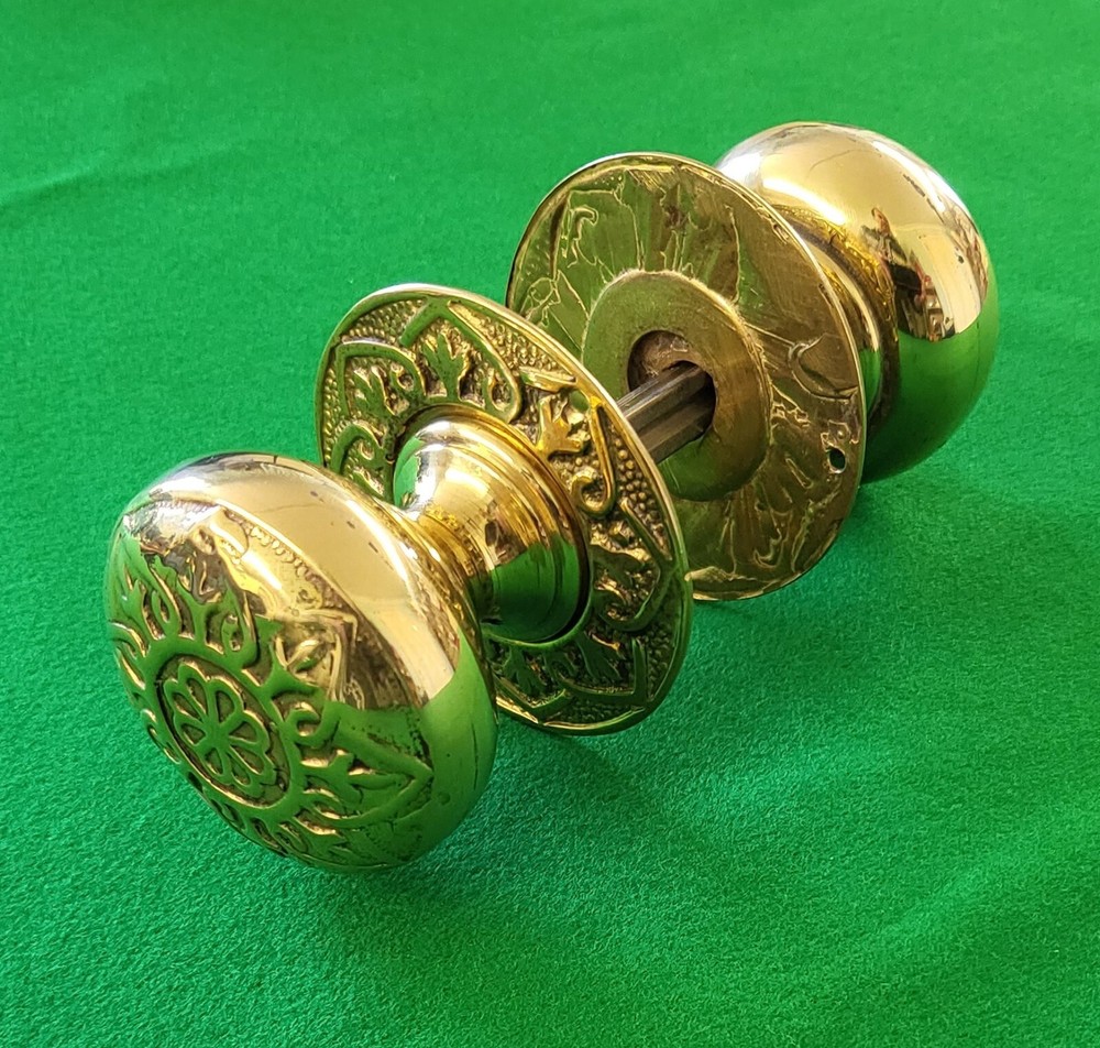 Pair round cast solid brass door knobs backplates pull handles ironmongery craft