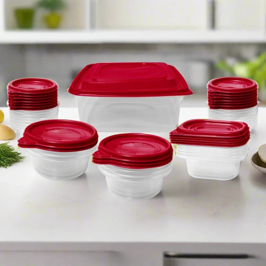 LexiHome, Nested 50-Piece Plastic Food Storage Container Set, Red Lids Rectangle