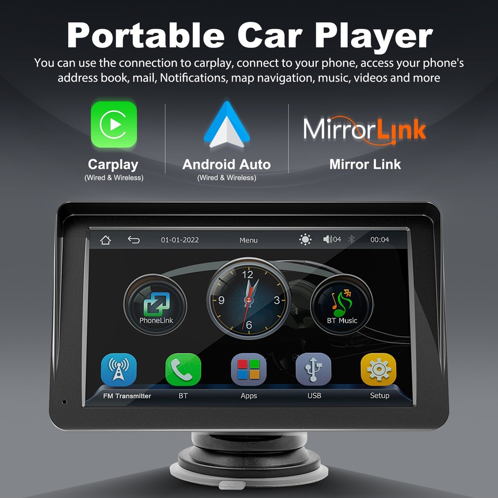 7" Wireless WiFi/BT HD Stereo Portable Carplay+Remote For iPhone/Android Auto US