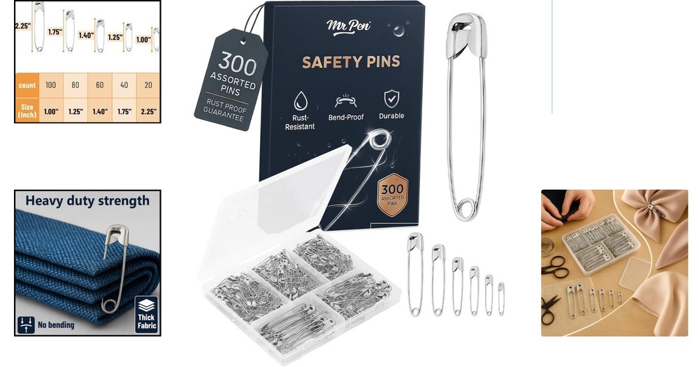 Durable 300 Count Safety Pins - Assorted Sizes with Storage Box for Easy Use