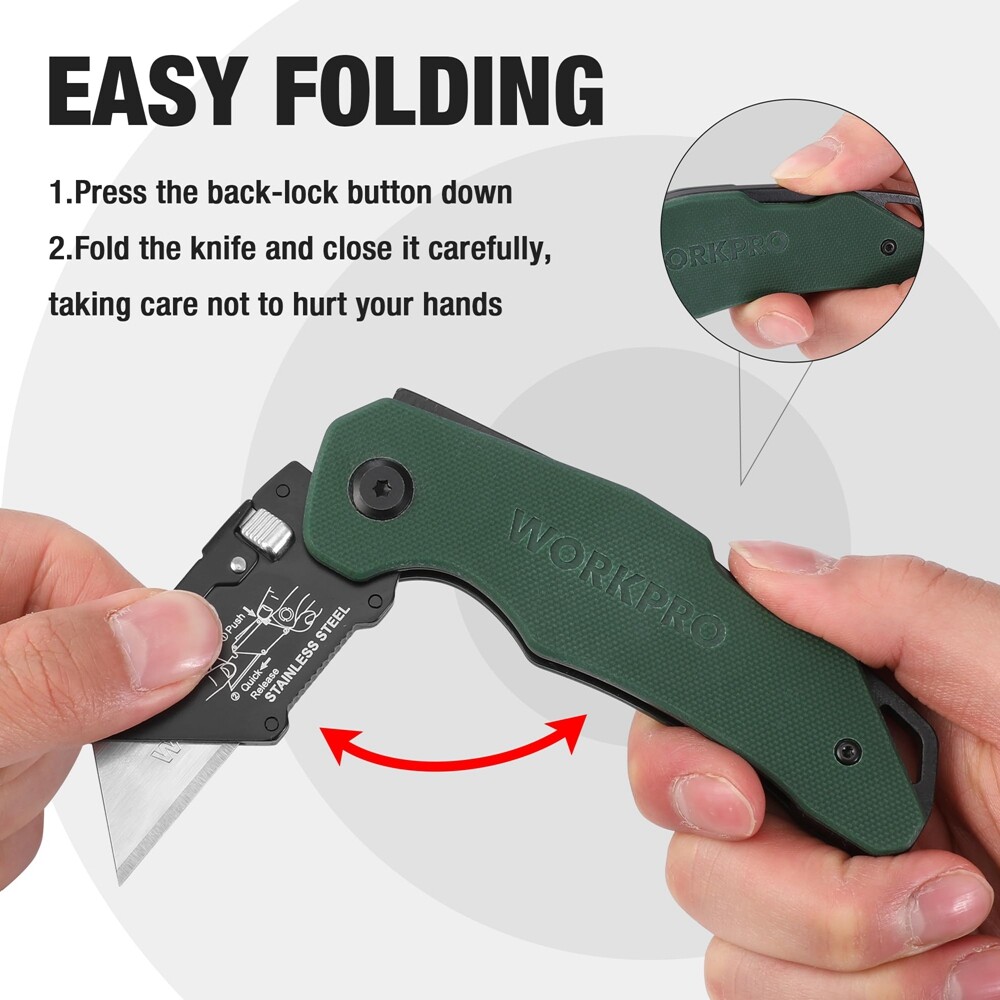 WORKPRO Folding Utility Knife Box Cutter Quick Change Blade G10 Handle 10 Blades