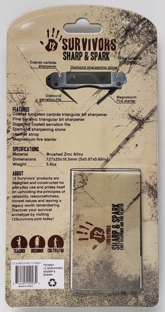 12 Survivors SHARP & SPARK 6-In-1 Knife Sharpener & Fire Starter Tool TS76001