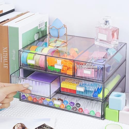 3 Tier Stackable Desk Organizer with 6 Drawers, Plastic Desktop Storage Clear