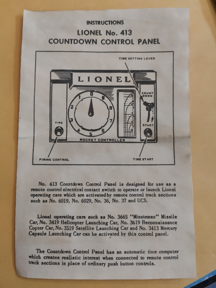 Lionel 413 Countdown Control Panel Instruction Sheet Dated 9-62 Original Post
