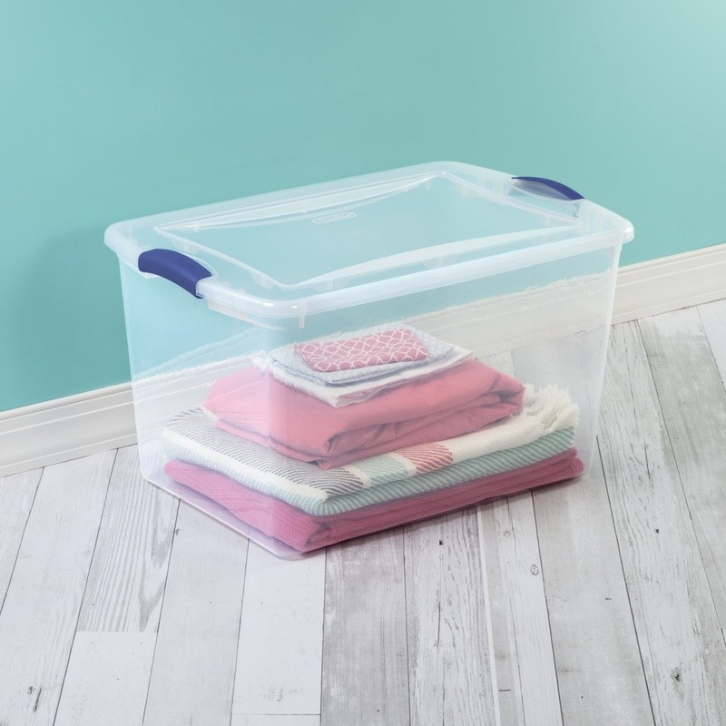 Clear Storage Bin W/ Lid Stackable Plastic Container 66Qt Organizing Closets New