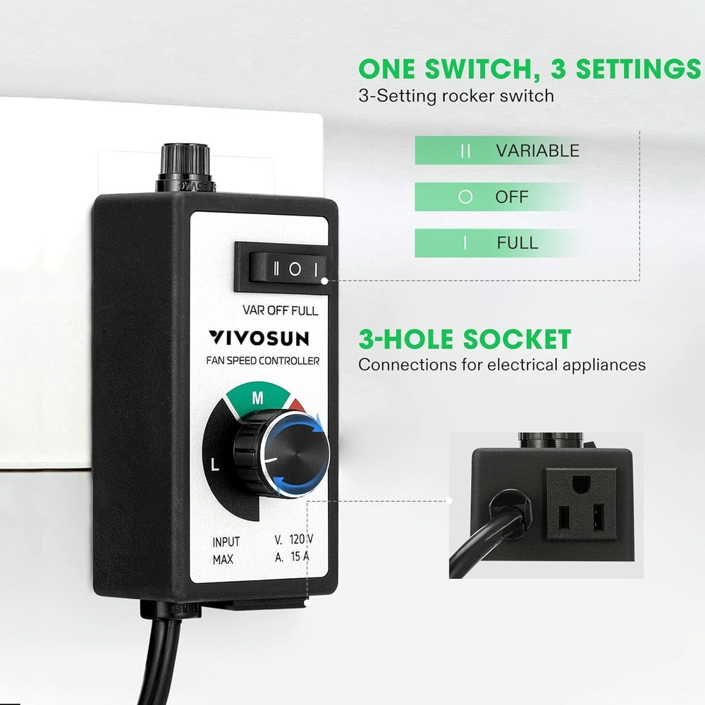VIVOSUN 1500W Variable Speed Controller Electric Motor AC 120V for Inline Fan