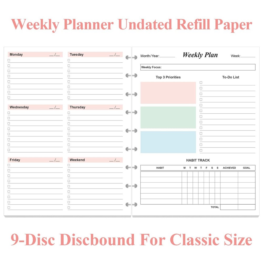 (2-Pack) 9 Disc Weekly Planner Undated Refills - Classic 2-Pack, Colorful