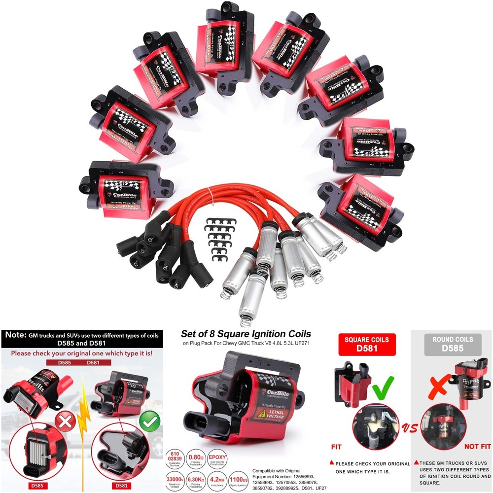 8 Pack D581 UF271 Square Type Ignition Coils Spark Plug Wires 1999-2007 Chevy