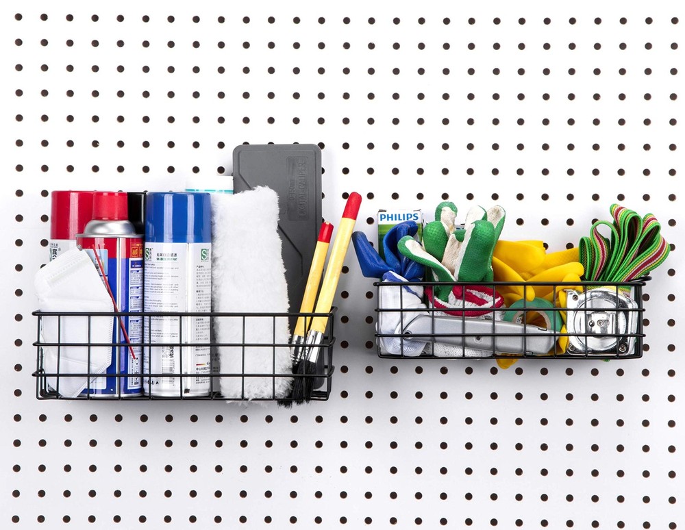 2 PCS Black Pegboard Baskets Medium Small Metal Wire Wall Mount Tool Garage