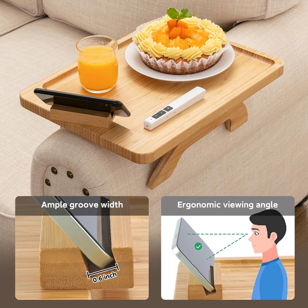Modern Bamboo Armrest Table for Snacks/Remote, Rectangular