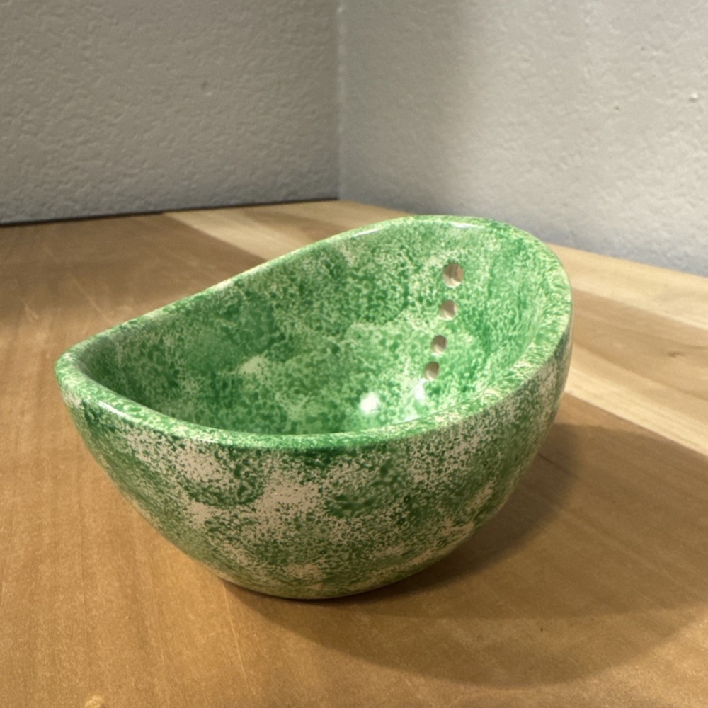 Small Green Speckled Oval Colander, Herb Stripper