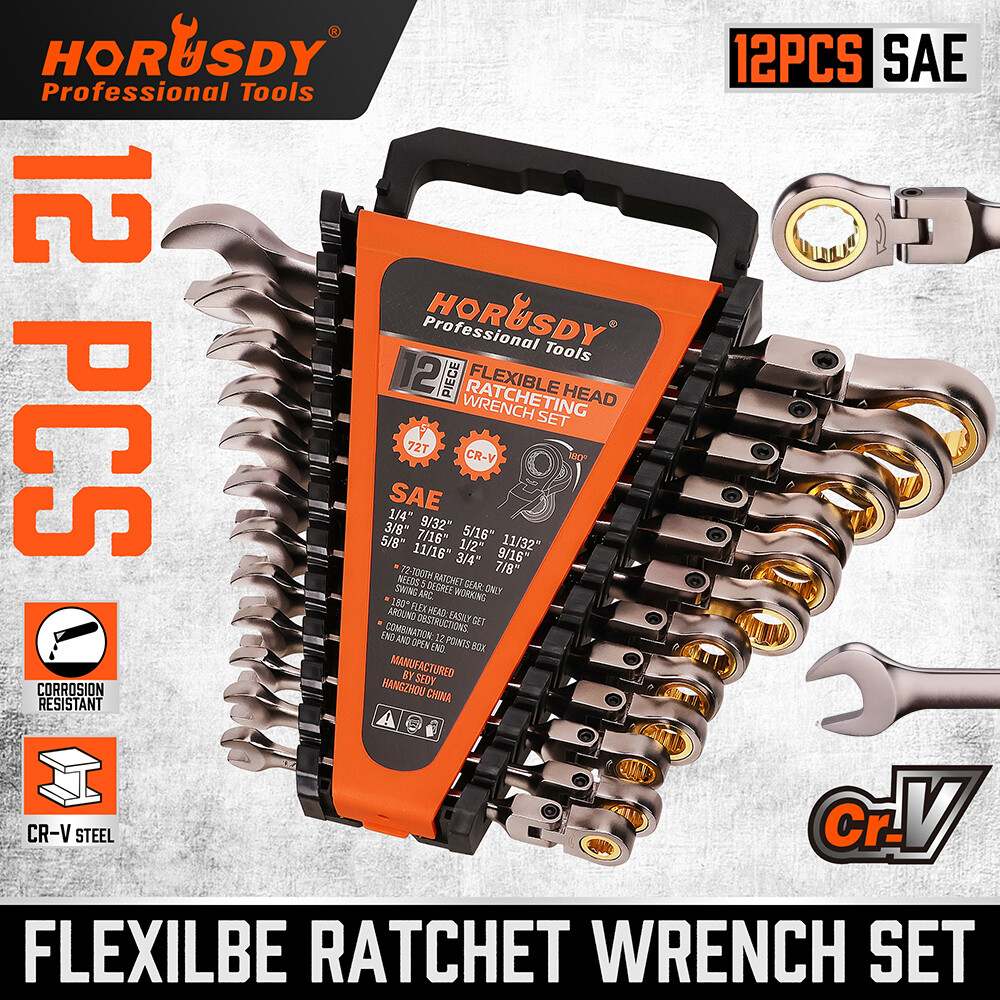 12PC Flex-Head Ratcheting Wrench Set Set with Organizer SAE Combination Spanner