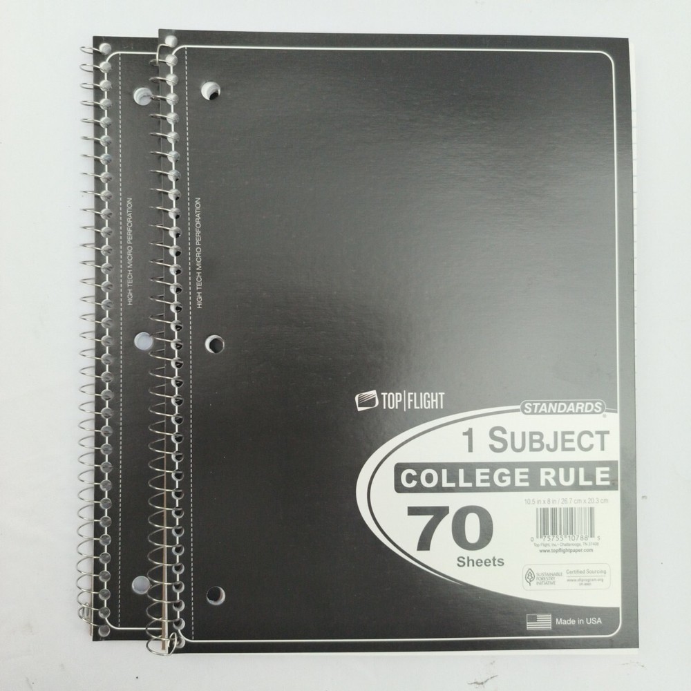 9 Pack Top Flight Spiral Notebook COLLEGE 1 Subject 70 Sheets Assorted Colors