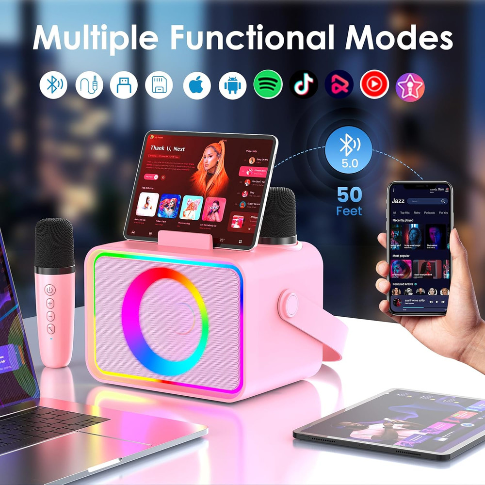 Karaoke Machine,Portable Bluetooth Speaker with 2 Wireless Microphone for Adults