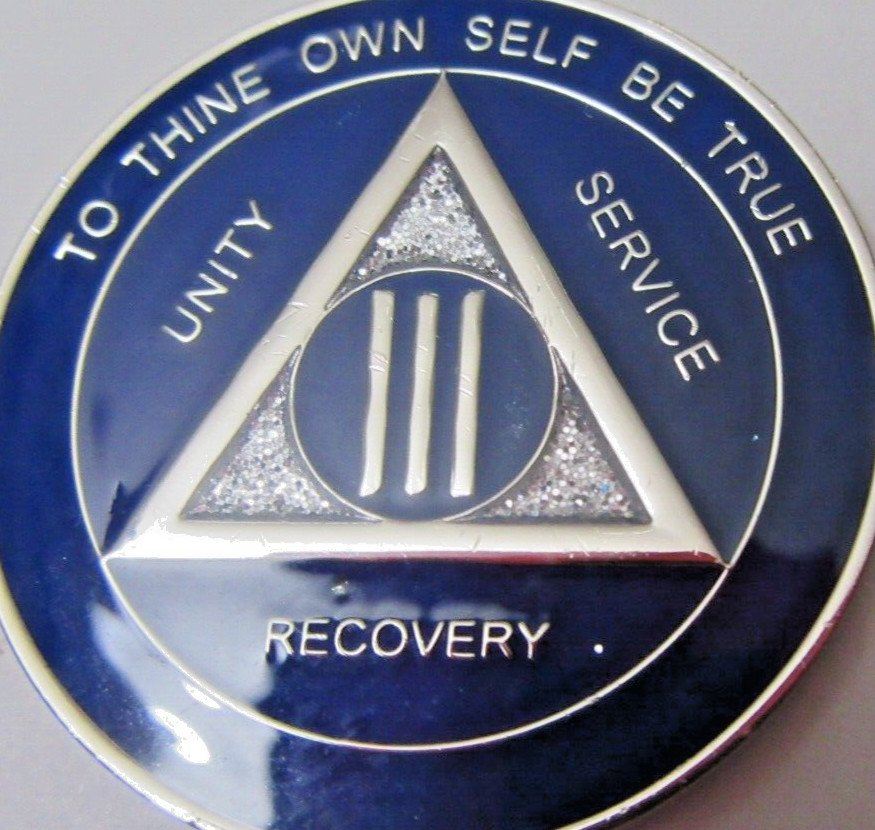 Blue SPARKLE Silver Alcoholics Anonymous 3 Year AA Medallion Coin Token Chip