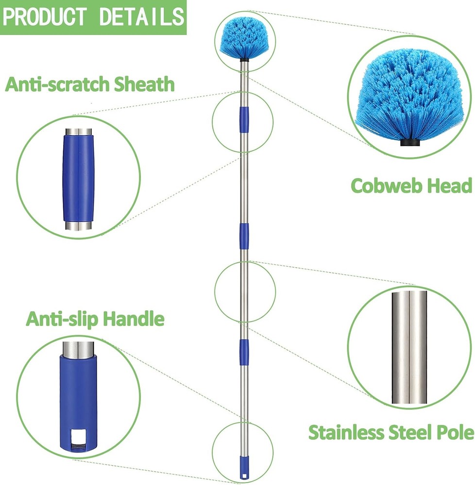 Duster, Cobweb Duster with Extension Pole, Medium Stiff Bristles Cobweb Duste...