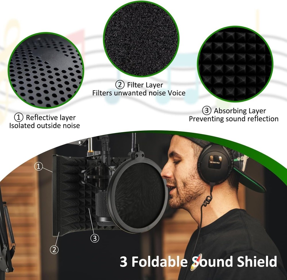 Microphone Stand with Isolation Shield and Pop Filter for Recording