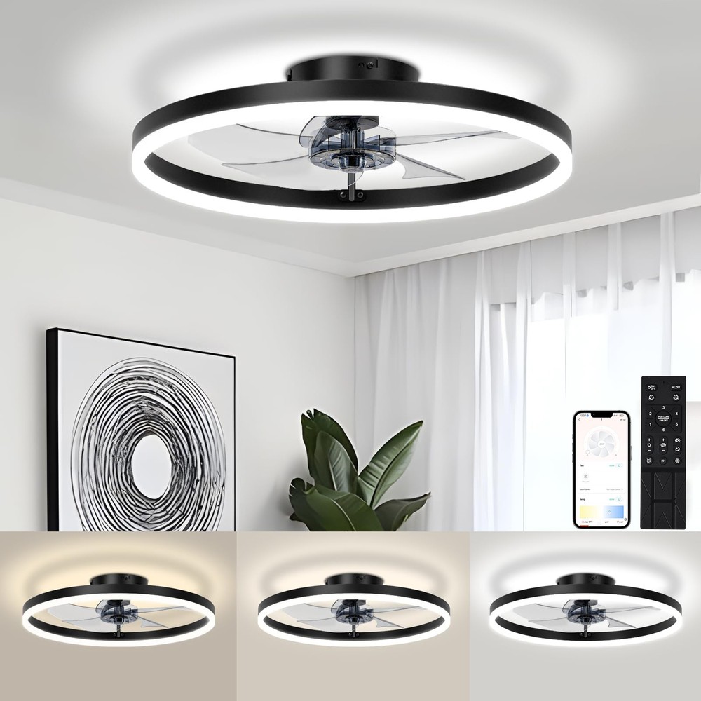 20" Modern Fan Lights Flush Mount LED Ceiling Light kit With APP Remote Control