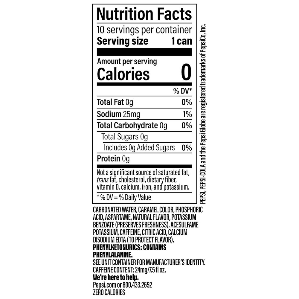 Pepsi Cola Zero Sugar Soda Pop, 7.5 fl oz, 10 Pack Mini Cans