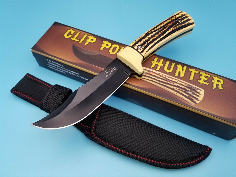 Clip Point Hunter Fixed Blade Knife Nylon Sheath Imitation Stag Handle 5" Blade