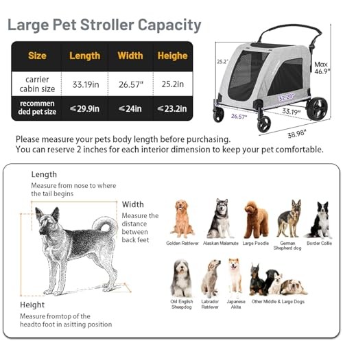 XL Extra Large Dog Stroller - Adjustable Handles,Lightweight Folding Pet Gray
