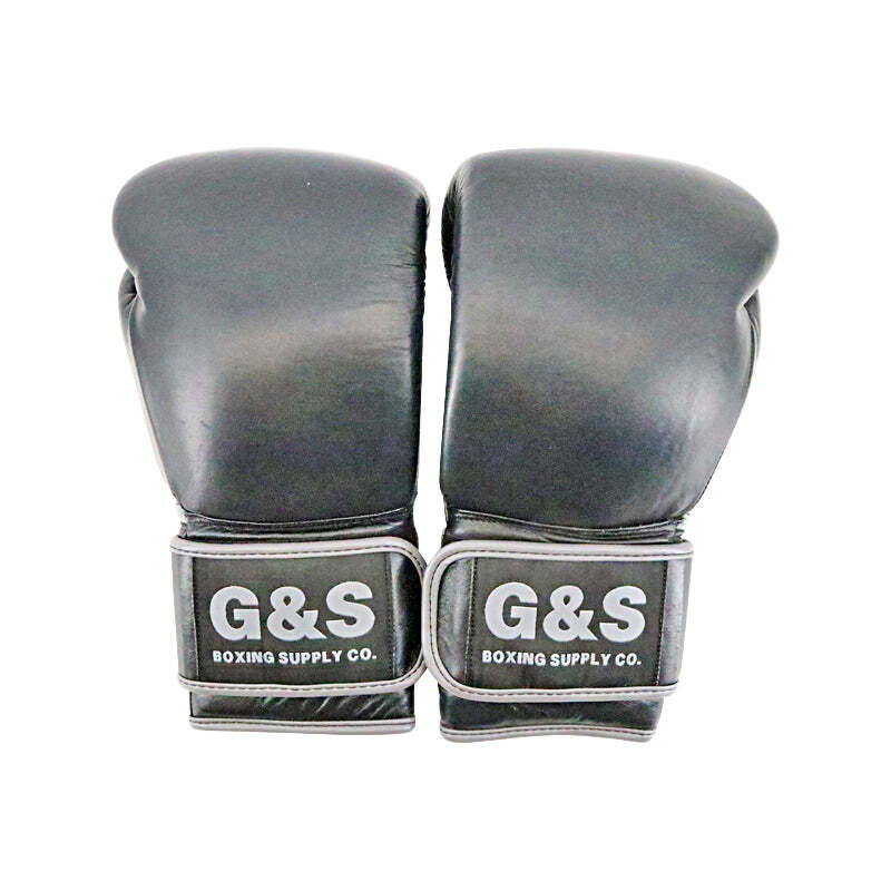 Black Leather Pair of Training Boxing Gloves - Hook & Loop Strap - 12 Oz