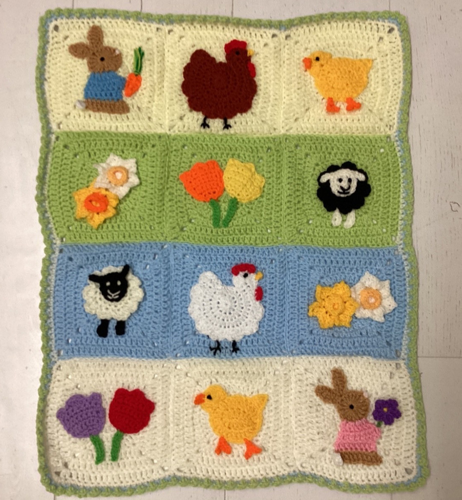🐑🐰🐥🐓🌹One Handmade Crochet SPRING/EASTER themed blanket 65cmx52cm 🌹🐥🐓🐰🐑