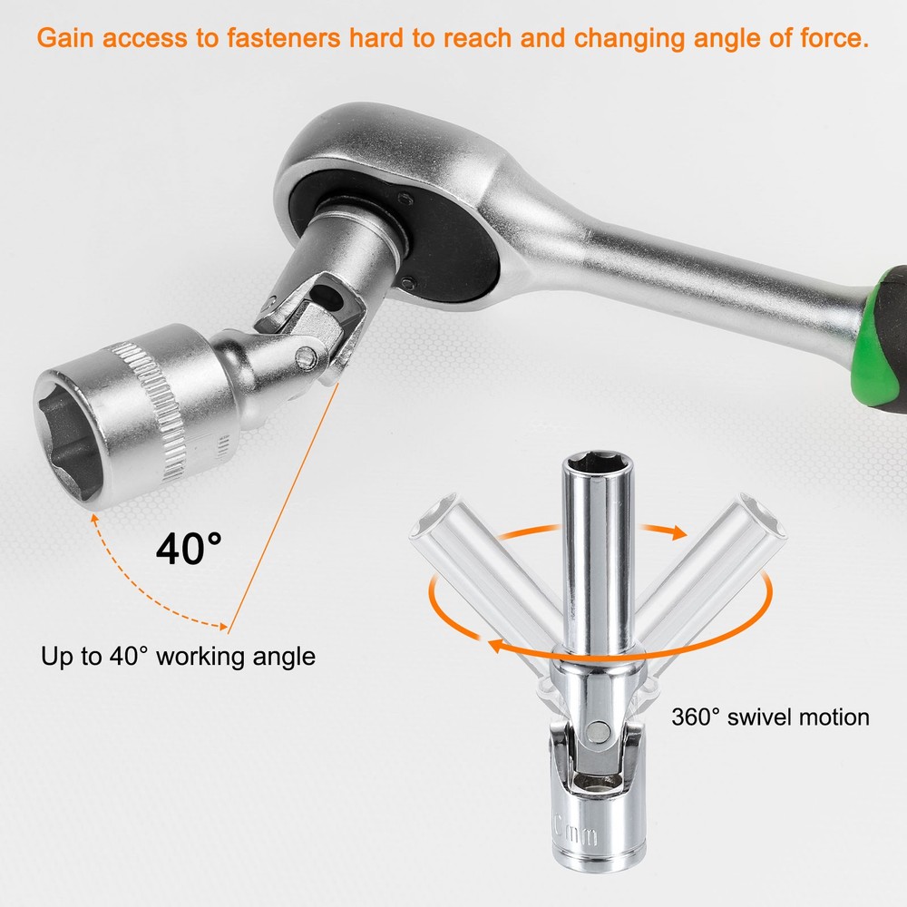 3/8" Drive Universal Joint Socket 14mm 6-Point Rotation Swivel Flex Socket