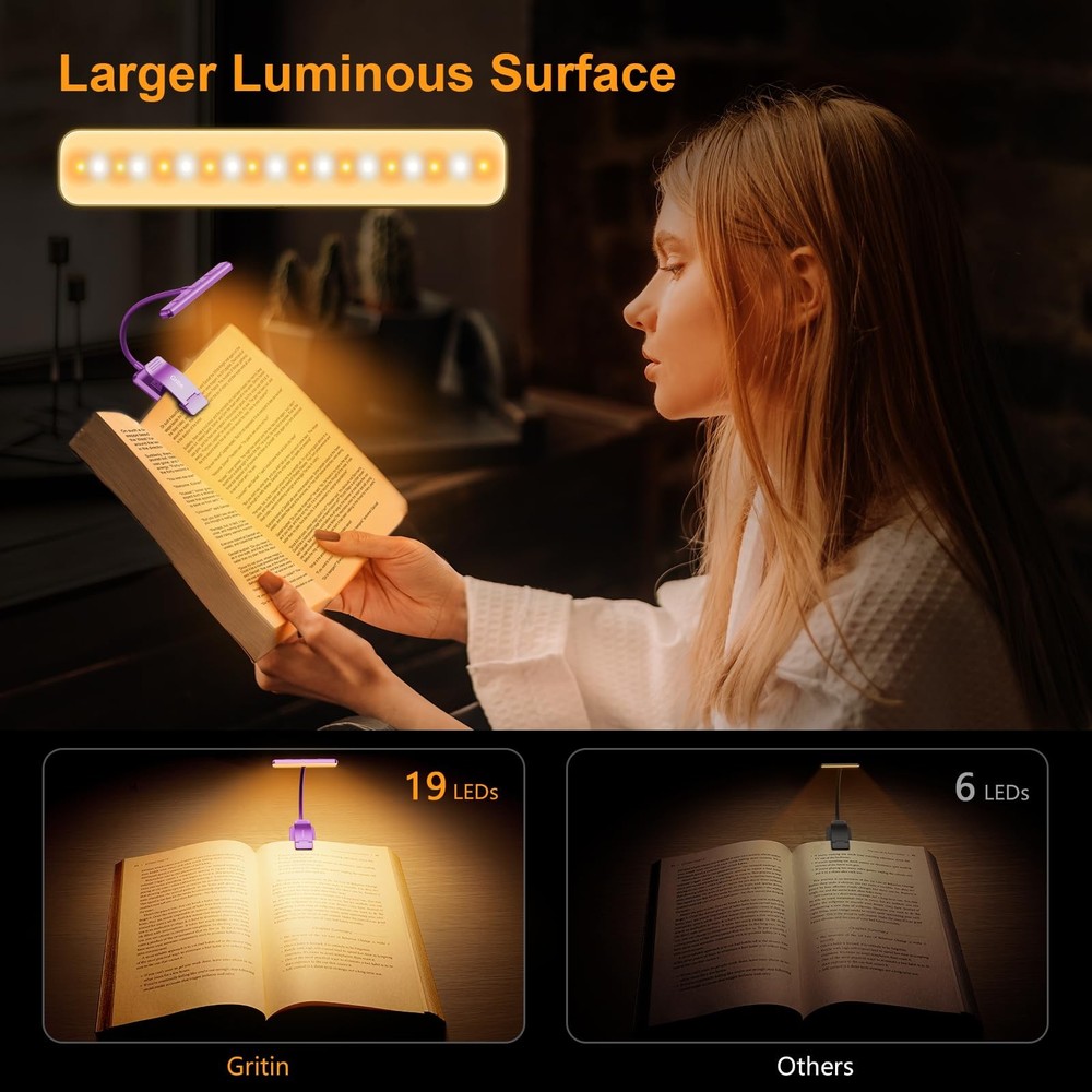 19 LED Rechargeable Book Light Memory Function 3 Color Stepless Dimming Purple C