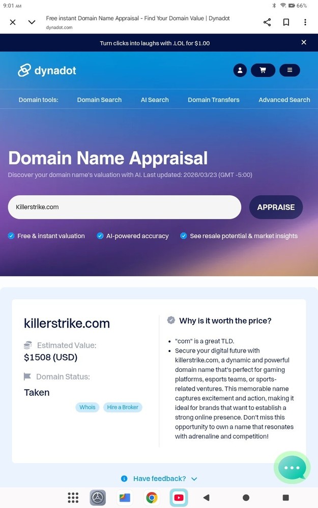 💥 KILLERSTRIKE.COM DOMAIN NAME VALUED AT $1311.00-$3500.00 GODADDY, ATOM