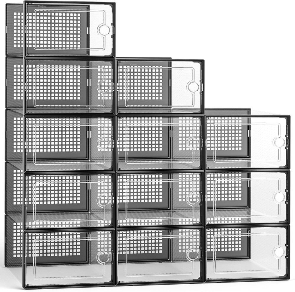 Large Shoe Organizers Storage Boxes for Closet, 12 Pack Clear Plastic Stackable
