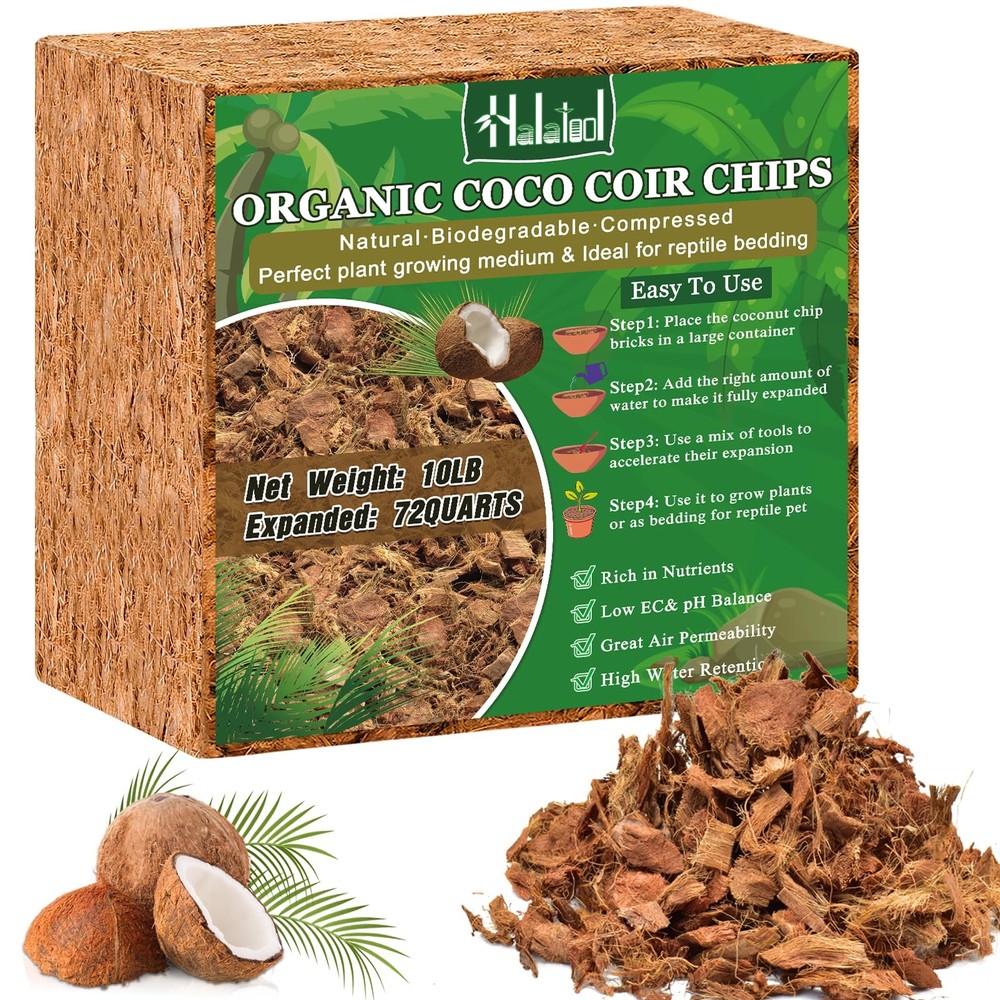10LB Compressed Coconut Coir Chips, 100% Natural Organic Coco Husk Chips Coco...