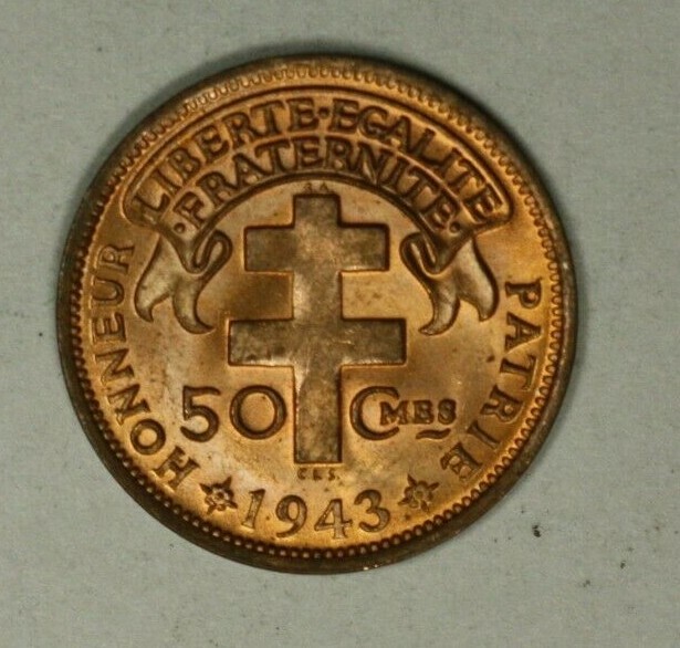 Madagascar 50 Centimes 1943 Red Gem BU A1971