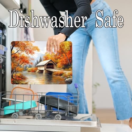 Fall Season Covered Bridge Pattern Kitchen Glass Cutting Board Decorative Mot...