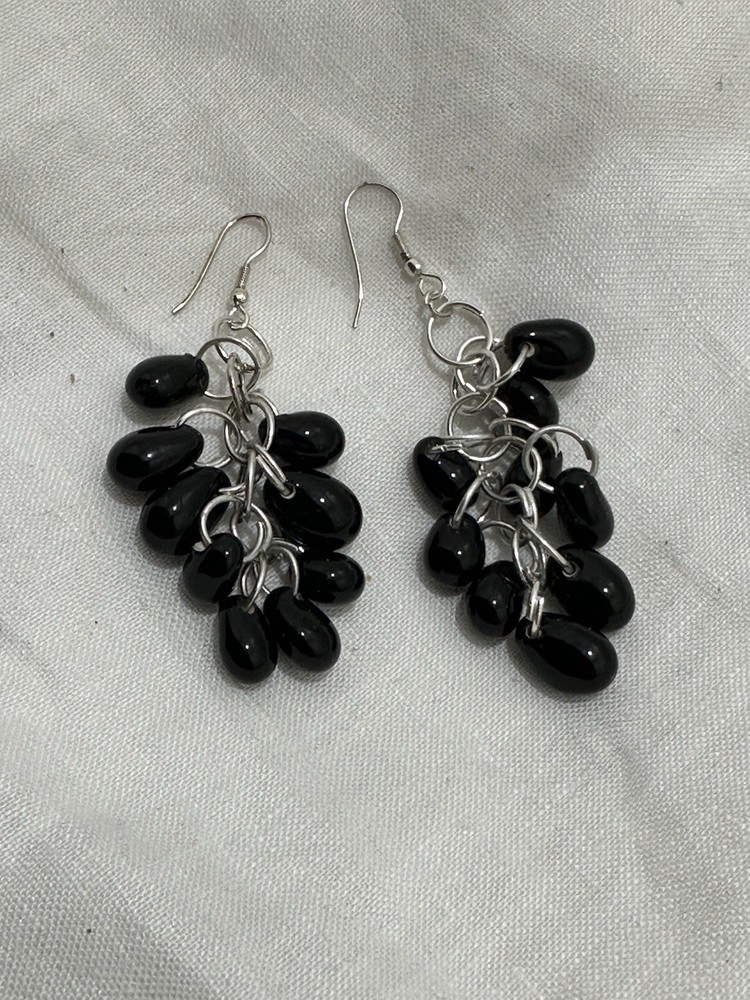 Black Cluster Round & Ball Beaded Hook Earrings Drop Dangle Silvertone & Black