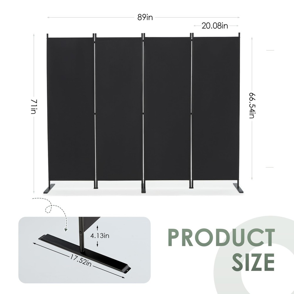 RANTILA 4 Panel Room Divider, 6 FT Folding Privacy 22" - 4 Panel, Black