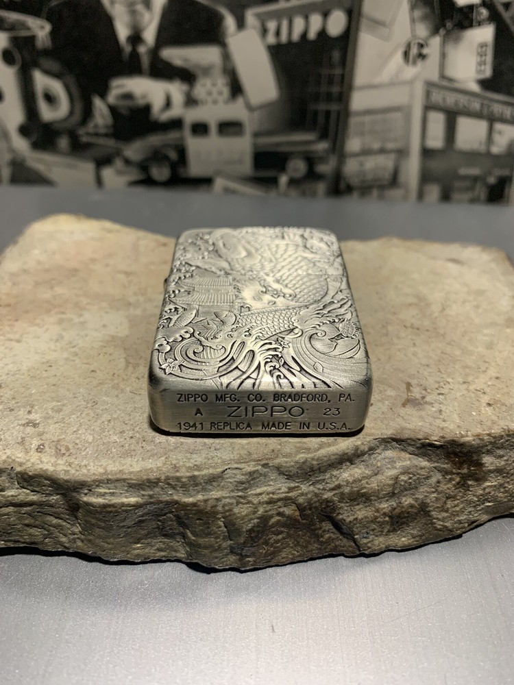 Zippo Lighter 2-side silver fish And Dragon Lighter