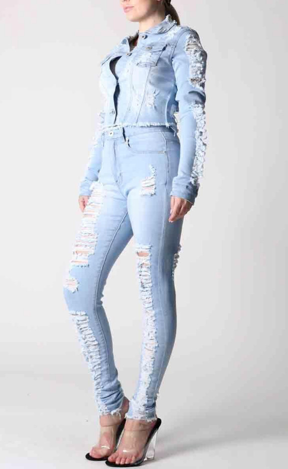 REDFOX HEAVY DISTRESSED DENIM SET ( LT BLUE) SD123/123P