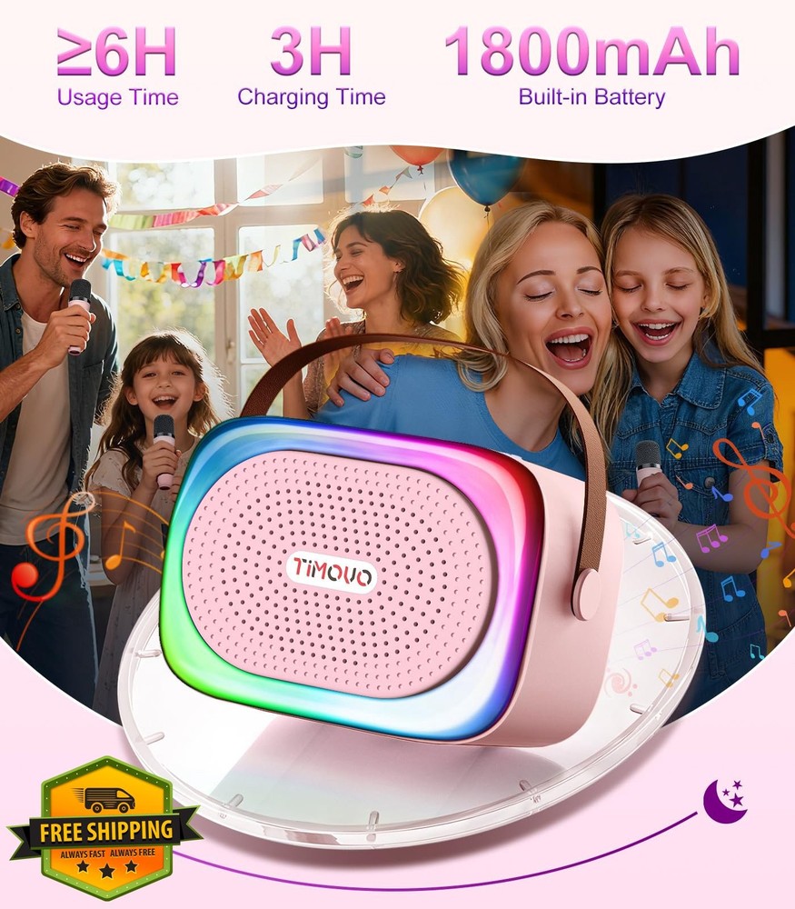 TiMOVO Mini Karaoke Machine Pink Bluetooth 2 Mics LED