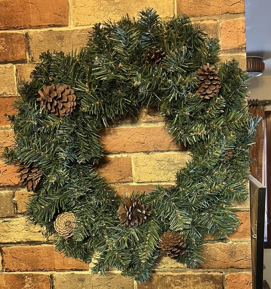 Artificial CHRISTMAS WREATH With PINE CONES 20” Across Front, 5” Deep Pre-Owned