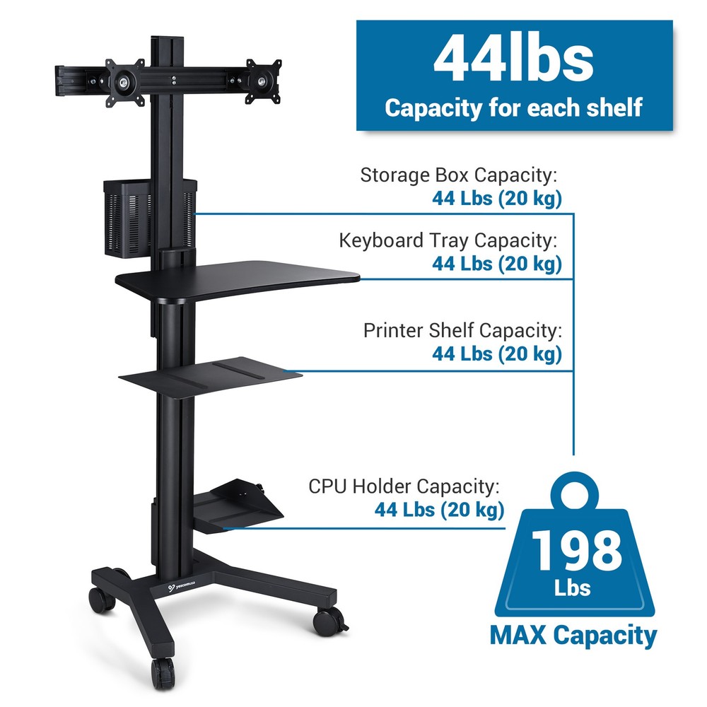 YesSources Mobile Computer Stand Workstation 2 Monitor Mount w/ Additional Pole